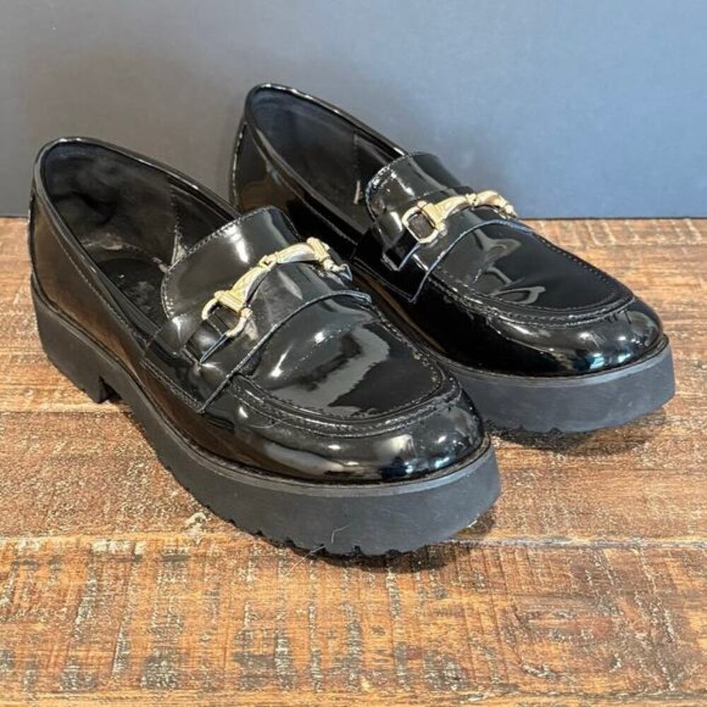 Princess Polly Black Patent Leather Loafers Size 7 Platform Buckle Flats